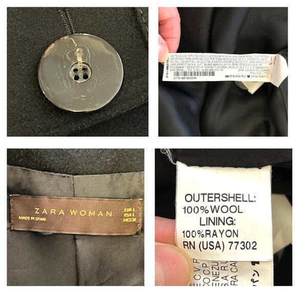 Zara Woman Retro Pea Coat Black 100 Percent Wool Size Large - Picture 8 of 12